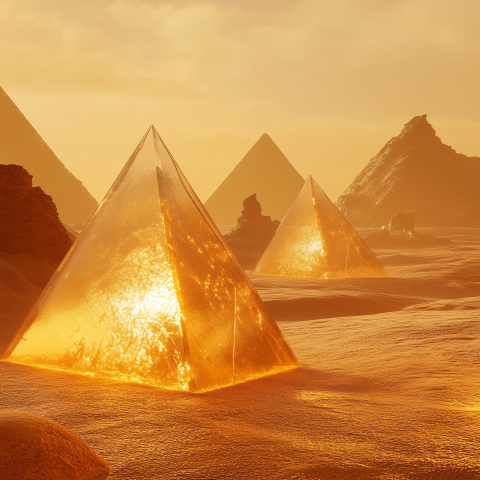 Golden Crystal Pyramids in Desert