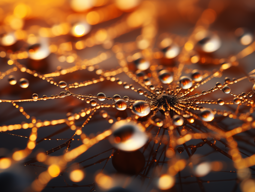 Golden Dewdrops on Spider Web