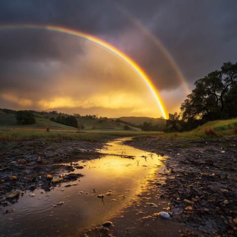 Golden Double Rainbow Over Wet Meadow