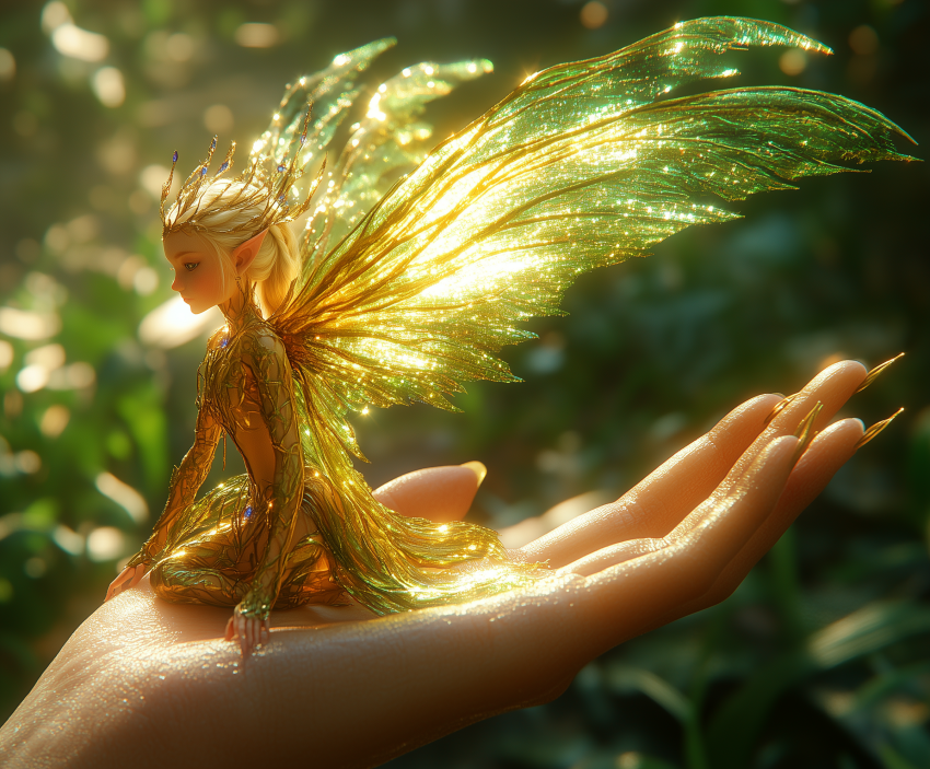 Golden Fairy with Sparkling Wings in Hand