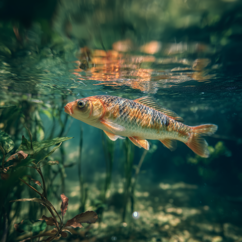 Golden Fish Swimming in Shallow Water