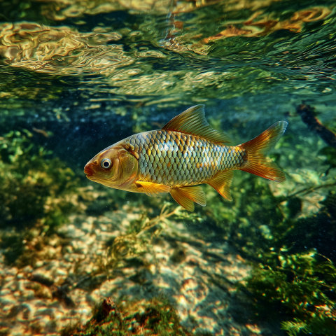 Golden Freshwater Fish Swimming Underwater
