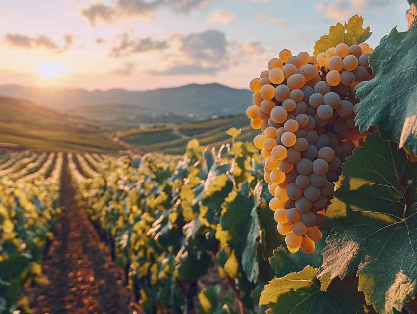 Golden Grapes in Vineyard at Sunset