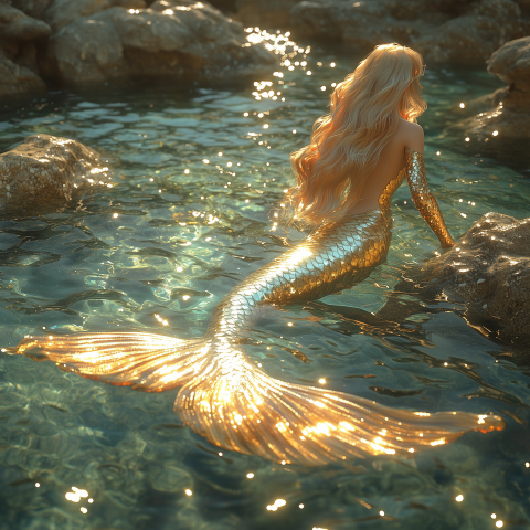 Golden-Haired Mermaid in Sunlit Waters
