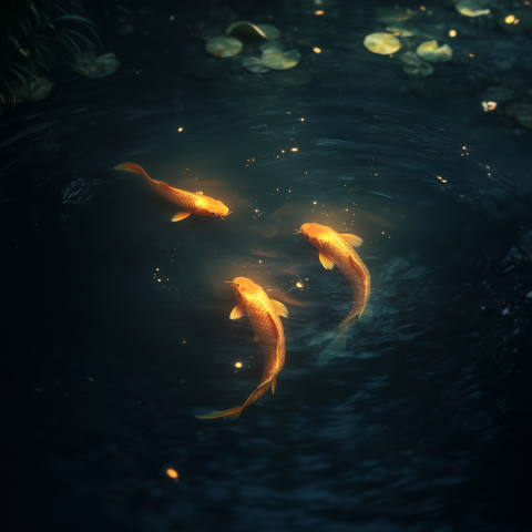 Golden Koi Swimming in Sparkling Pond