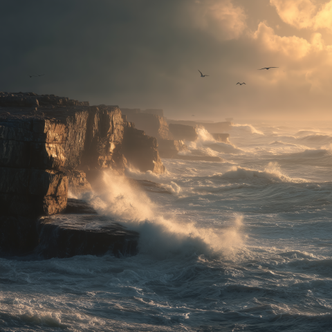 Golden Light Over Stormy Sea Cliffs