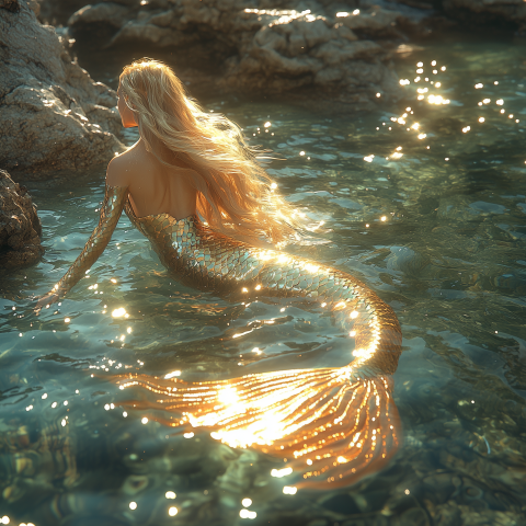 Golden Mermaid in Sparkling Sunlit Water