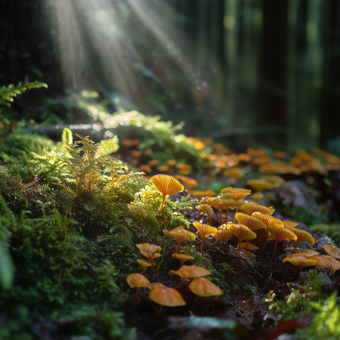 Golden Mushrooms in Forest Sunbeam