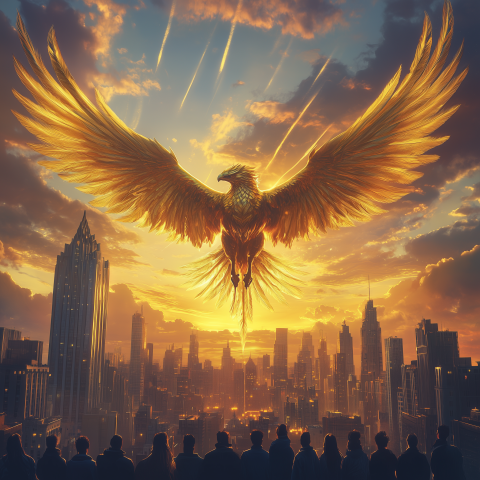 Golden Phoenix Rising Over City Skyline