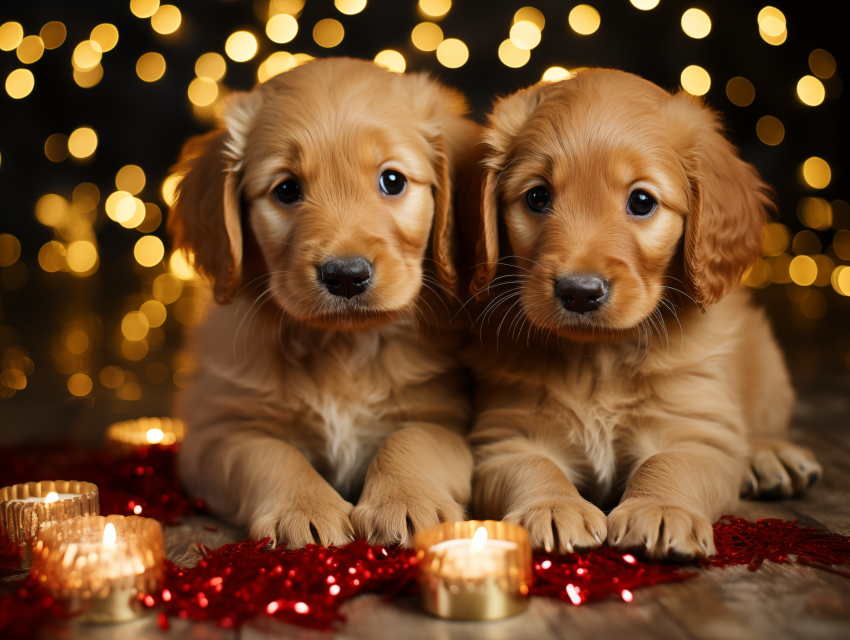 Golden Puppies with Festive Candlelight Glow