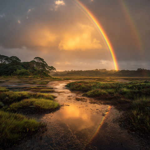 Golden Rainbow Over Marshland After Rain