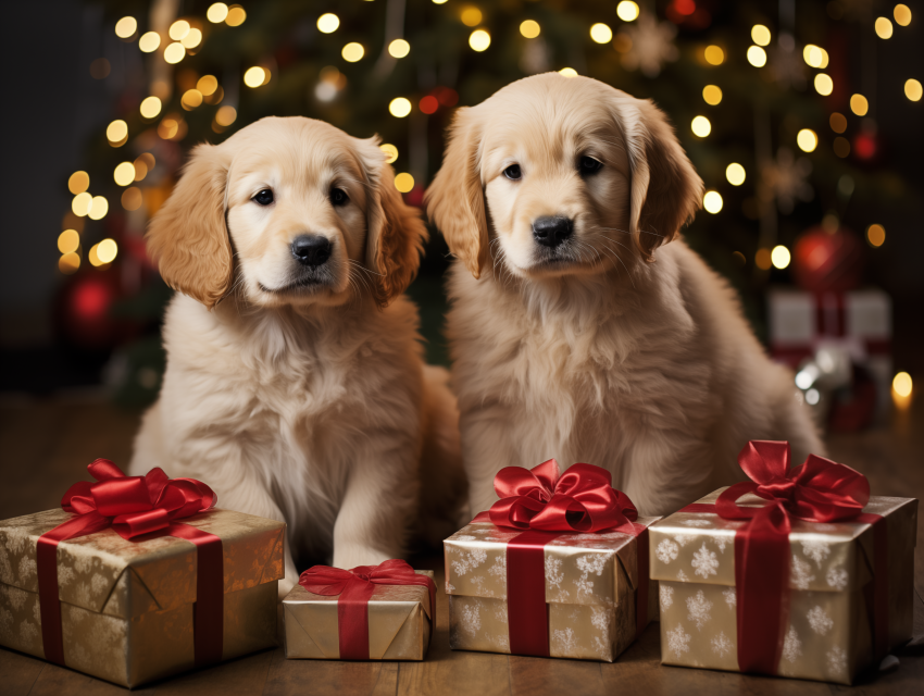 Golden Retriever Puppies with Christmas Gifts