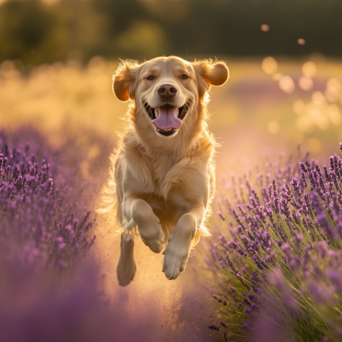 Golden Retriever Running Through Lavender Field