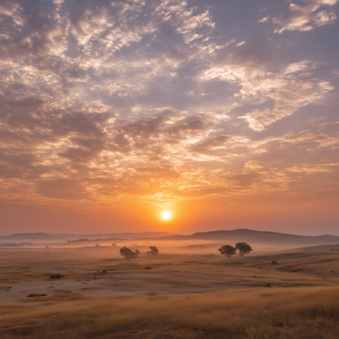 Golden Sunrise Over Misty Plains