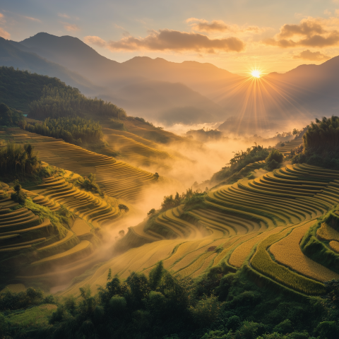 Golden Terraced Rice Fields at Sunrise