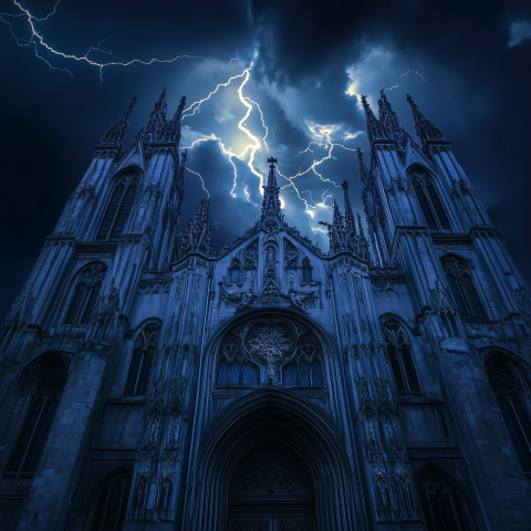 Gothic Cathedral Under Thunderstorm Sky