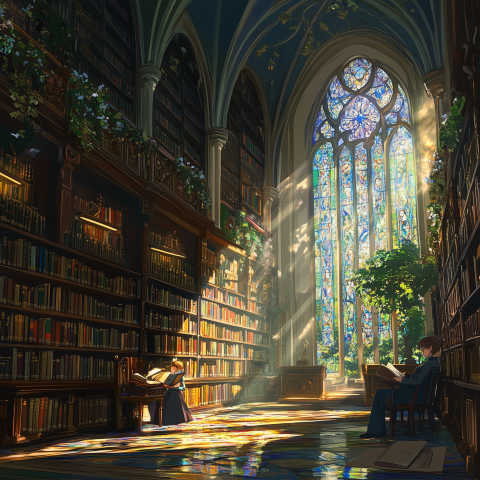 Gothic Library with Stained Glass Light