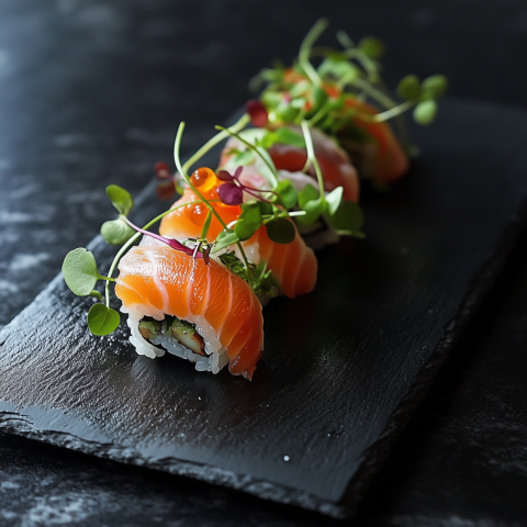 Gourmet Salmon Sushi Rolls with Microgreens