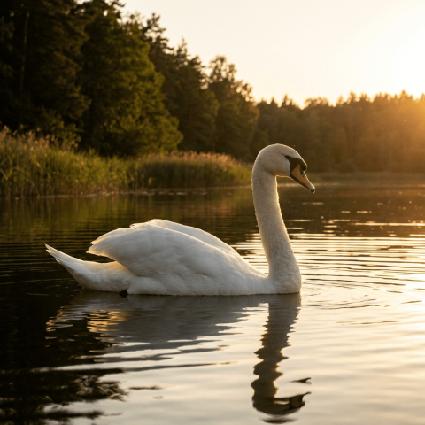 Graceful Swan Gliding on a Serene Lake at Sunset