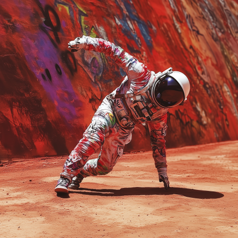 Graffiti-Covered Astronaut Breakdancing on Red Planet