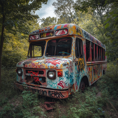 Graffiti-Covered Bus Abandoned in Forest