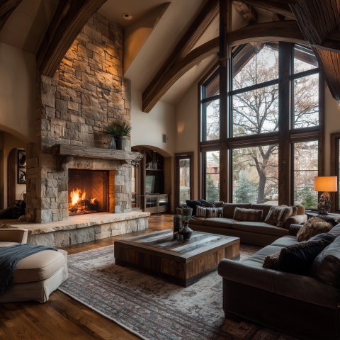 Grand Living Room with Stone Fireplace
