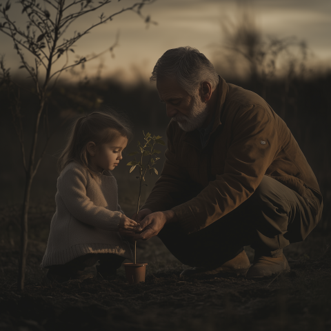 Grandfather and Child Planting a Tree