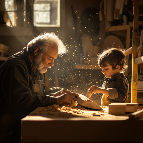 Grandfather Teaching Woodcarving to Child