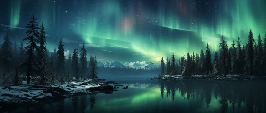 Green Aurora Over Snowy Pine Forest