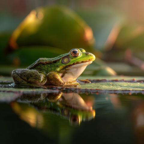 Green Frog Resting on Lily Pad