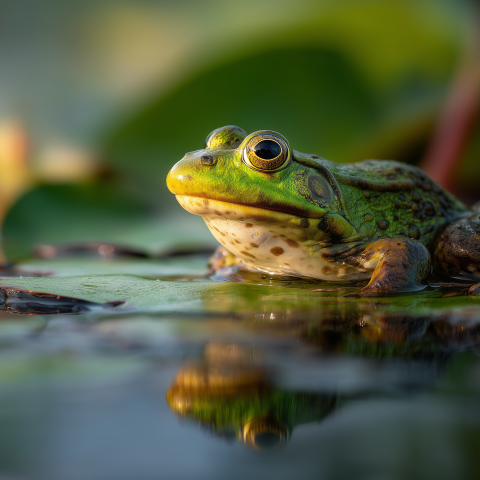 Green Frog Resting on Lily Pad