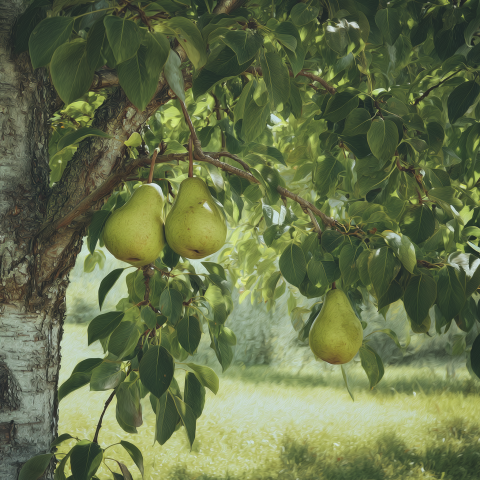 Green Pears Hanging on Tree
