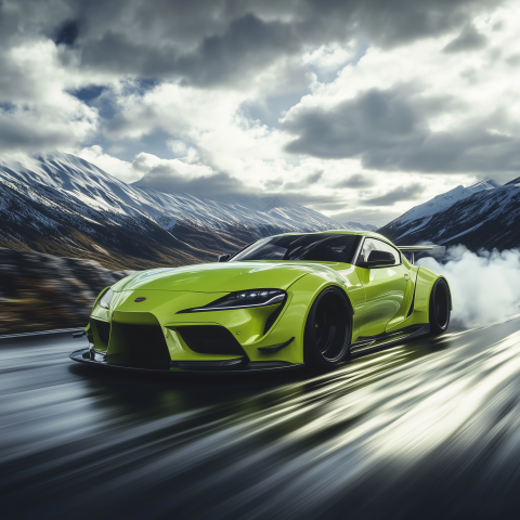 Green Sports Car Drifting Through Mountains
