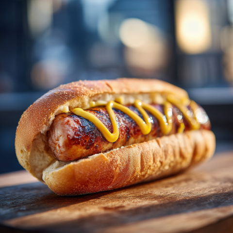 Grilled Hot Dog on Wooden Board
