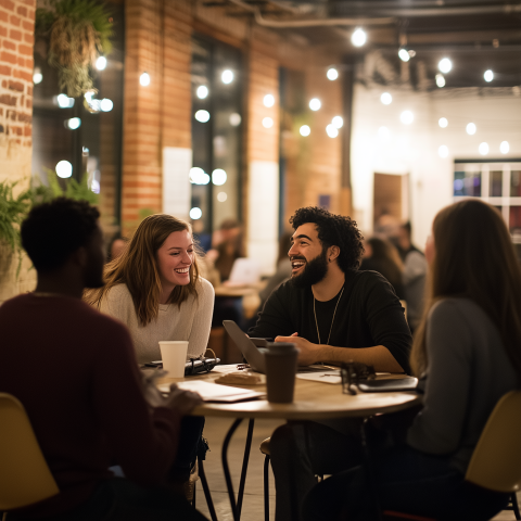 Group of Friends Laughing in Café