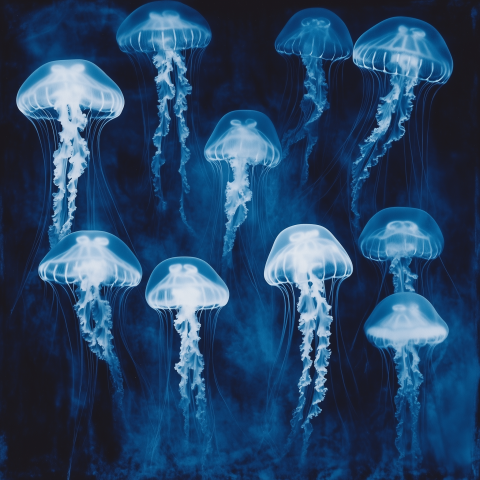 Group of Glowing Blue Jellyfish in the Deep Sea