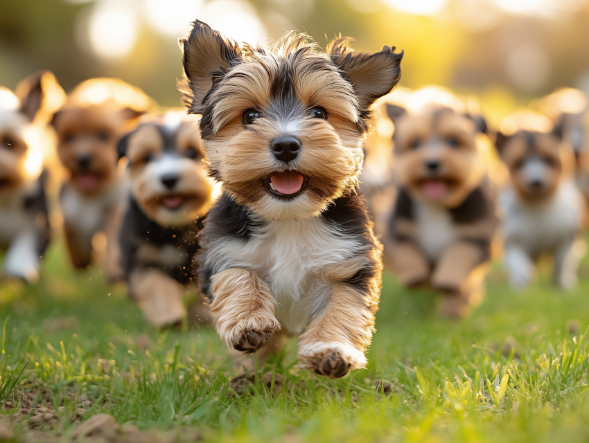 Group of Puppies Running on Grass