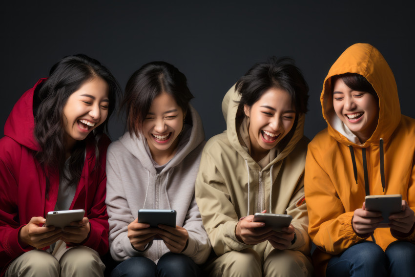 Group of teenagers laughing holding phones