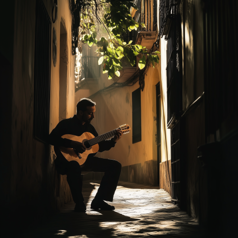 Guitarist Playing in a Sunlit Alley