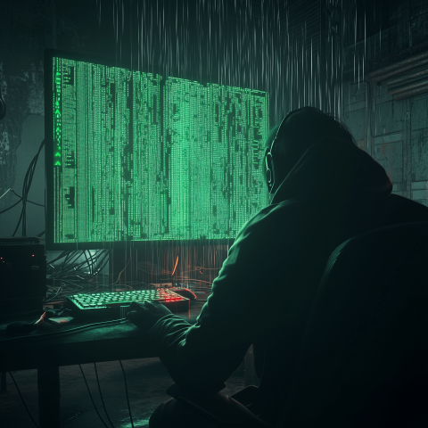 Hacker in Rainy Room Facing Green Code