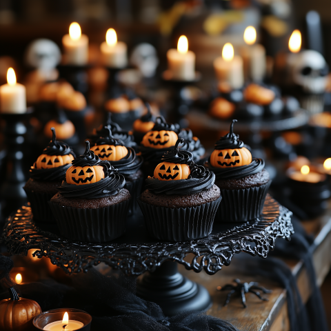 Halloween Cupcakes with Pumpkin Toppers and Candles