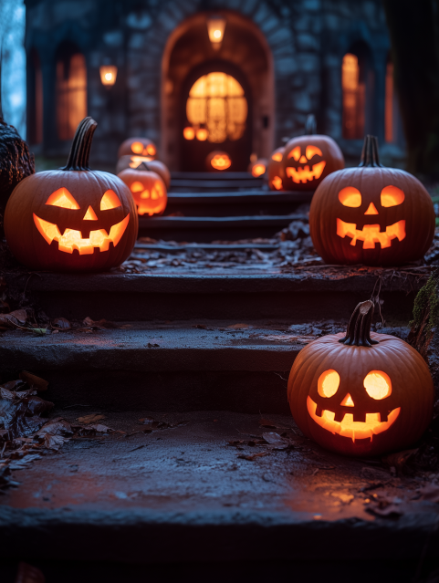Halloween Jack-o'-Lanterns on Stone Steps