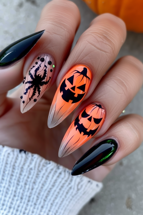 Halloween Nail Art with Pumpkins and Spider