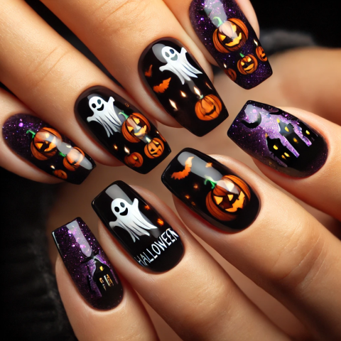 Halloween-themed Nail Art with Pumpkins and Ghosts