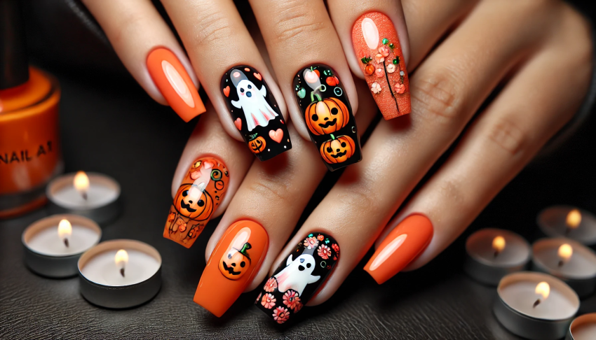 Halloween-Themed Nails with Ghost and Pumpkin Designs