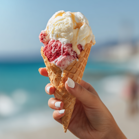 Hand Holding Ice Cream Cone by Beach