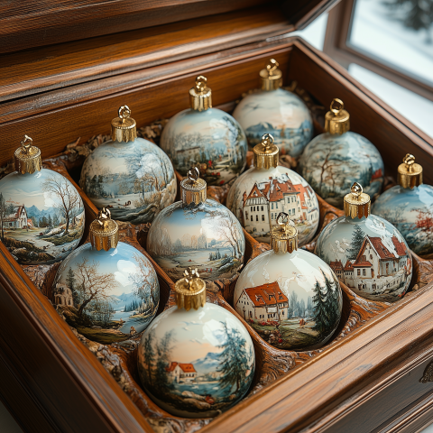 Hand-Painted Christmas Ornaments in Wooden Box