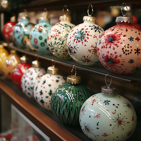 Hand-Painted Floral Christmas Ornaments Display
