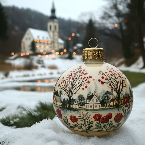 Hand-Painted Ornament with Winter Village Scene