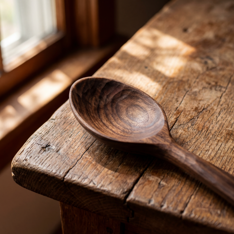 Handcrafted Wooden Spoon on Rustic Table in Natural Light